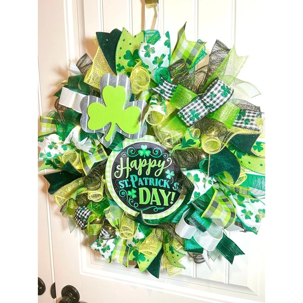 Handmade Happy St. Patrick’s Day Ribbon Prelit Wreath 22 ins LED W8